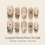Leopard French 3D White Flower Press‑On Nails, Nude Base Medium‑Long T‑Shape False Nails with Blue Gem & Gold Beads
